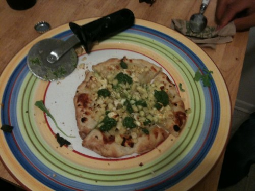 corn, onion, feta, mozzarella, cilantro pesto pizza, served with lime