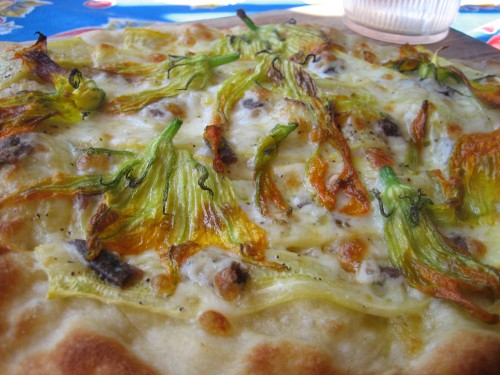 baked zucchini flower pizza ready for eatin'